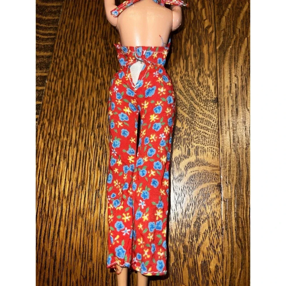 VTG 1970s Barbie Style Red Floral Jumpsuit Handmade 70s Doll Clothes OOAK EUC